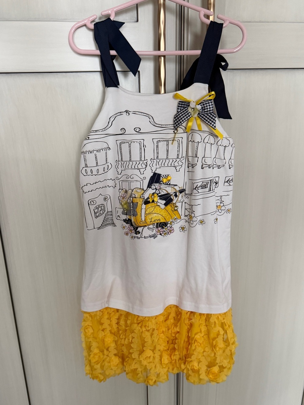 White & Yellow Ruffled Sundress with Navy Bow Straps
